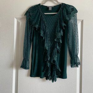 Beautiful Kate & Mallory Lace Sheer Sleeve Green Top Size XS